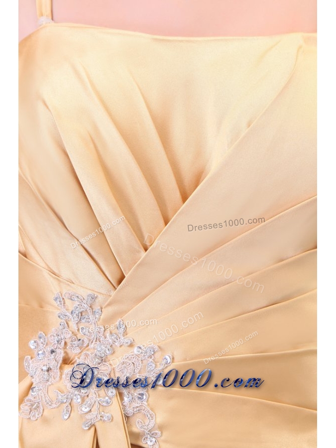 Column Champagne Spaghetti Straps Prom Dress with Ruching Appliques