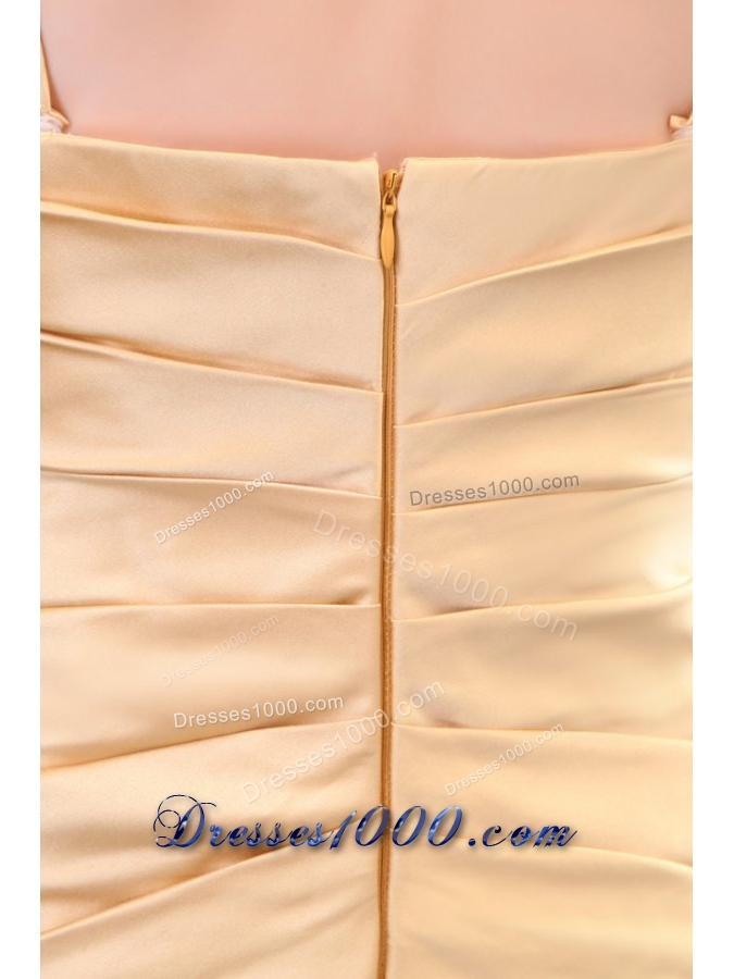 Column Champagne Spaghetti Straps Prom Dress with Ruching Appliques