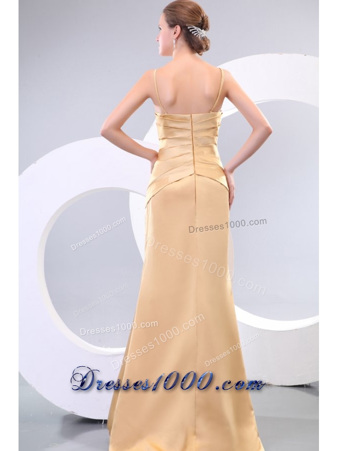 Column Champagne Spaghetti Straps Prom Dress with Ruching Appliques