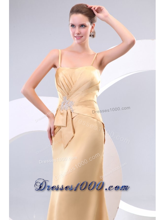 Column Champagne Spaghetti Straps Prom Dress with Ruching Appliques