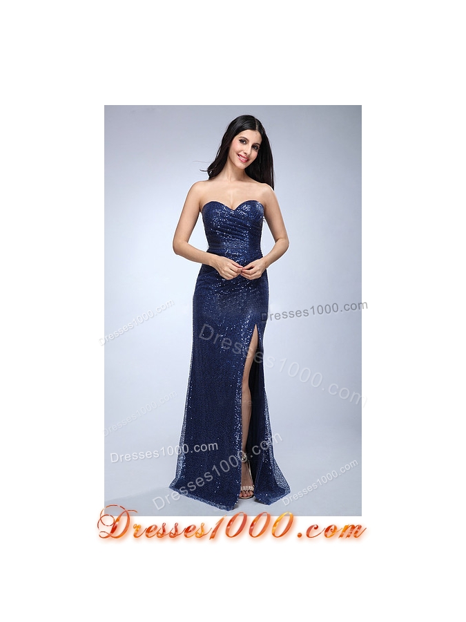 Column Navy Blue Sweetheart Sequins High Slit Prom Celebrity Dress