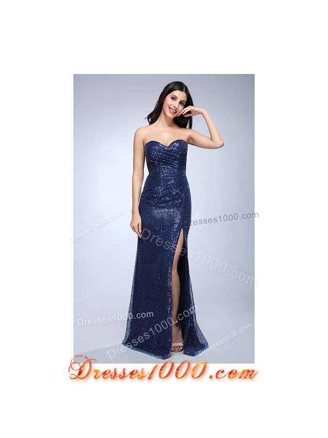 Column Navy Blue Sweetheart Sequins High Slit Prom Celebrity Dress