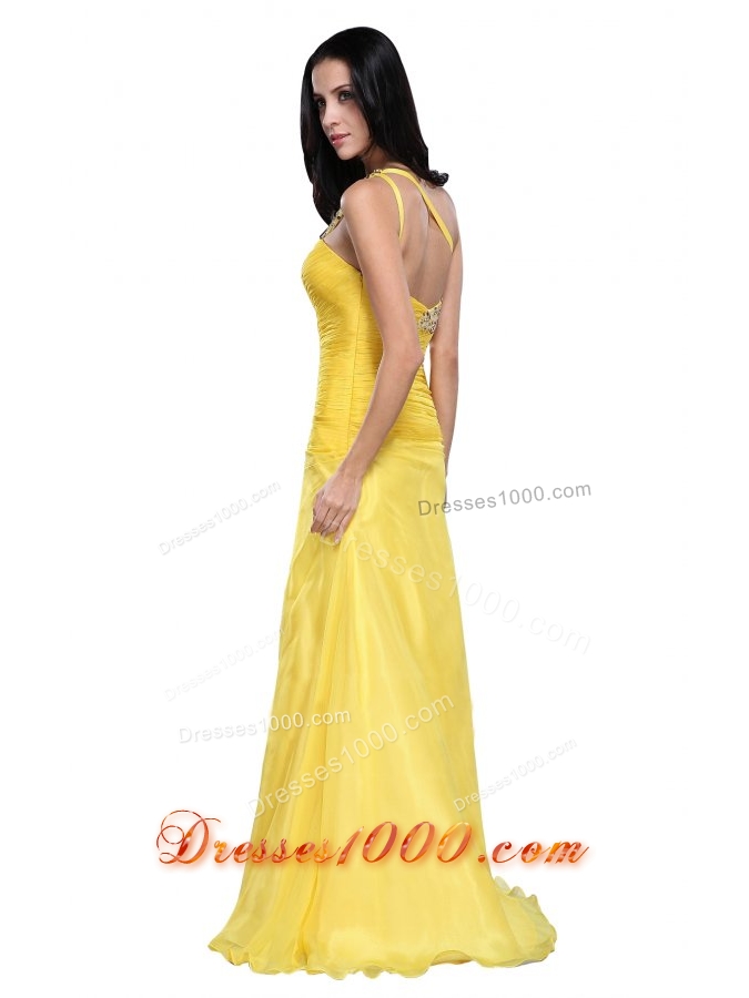 Yellow Beading One Shoulder Floor Length Prom Evening Dress