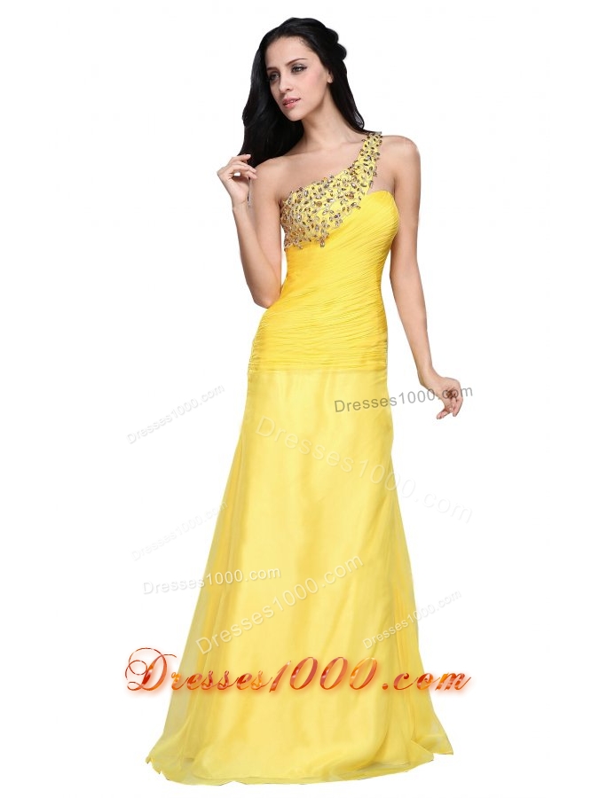 Yellow Beading One Shoulder Floor Length Prom Evening Dress