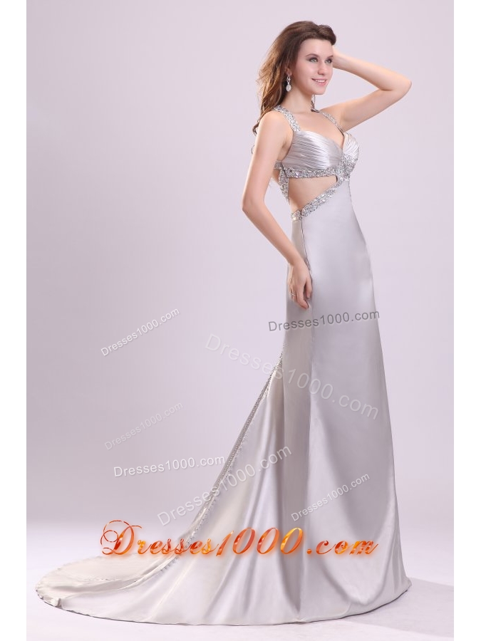 Column Straps Beading Satin Brush Train Gray Prom Dress Open Back