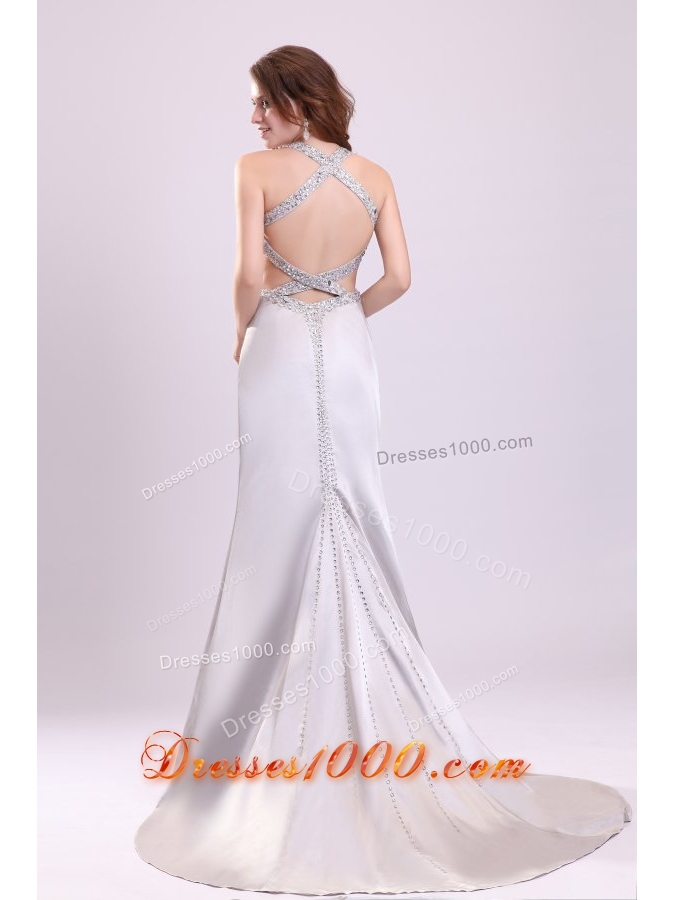 Column Straps Beading Satin Brush Train Gray Prom Dress Open Back
