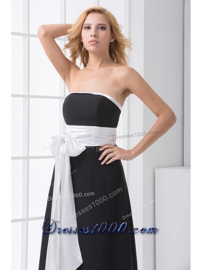 Strapless White and Black Prom Bridesmaid Dress with Bowknot