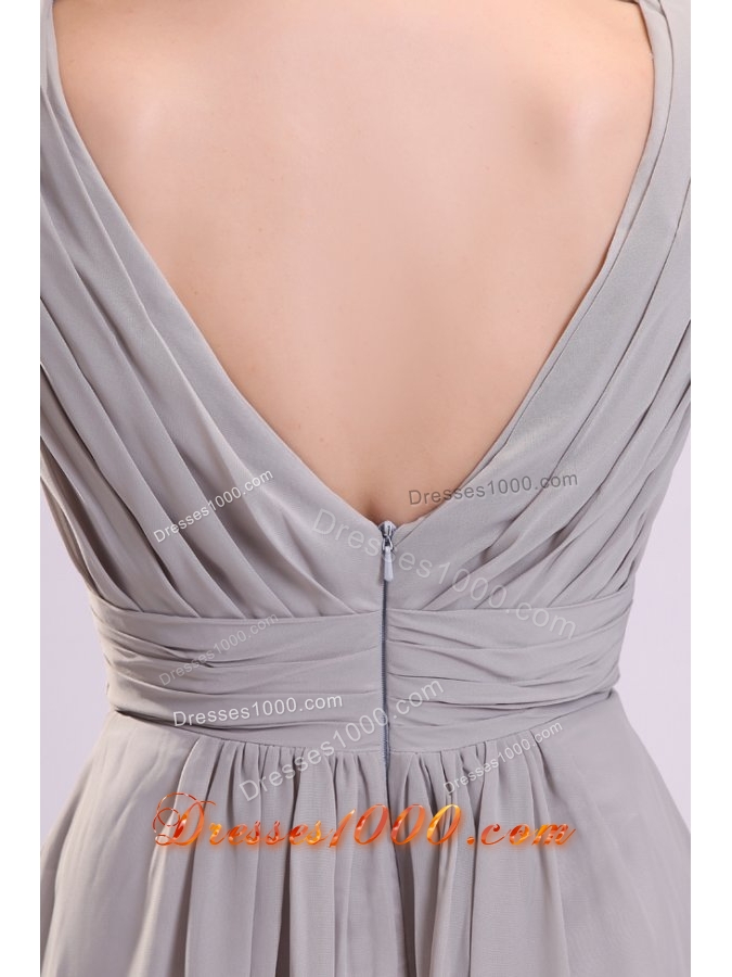 Chiffon Knee-length Empire Gray V-neck Ruching Prom Pageant Dress