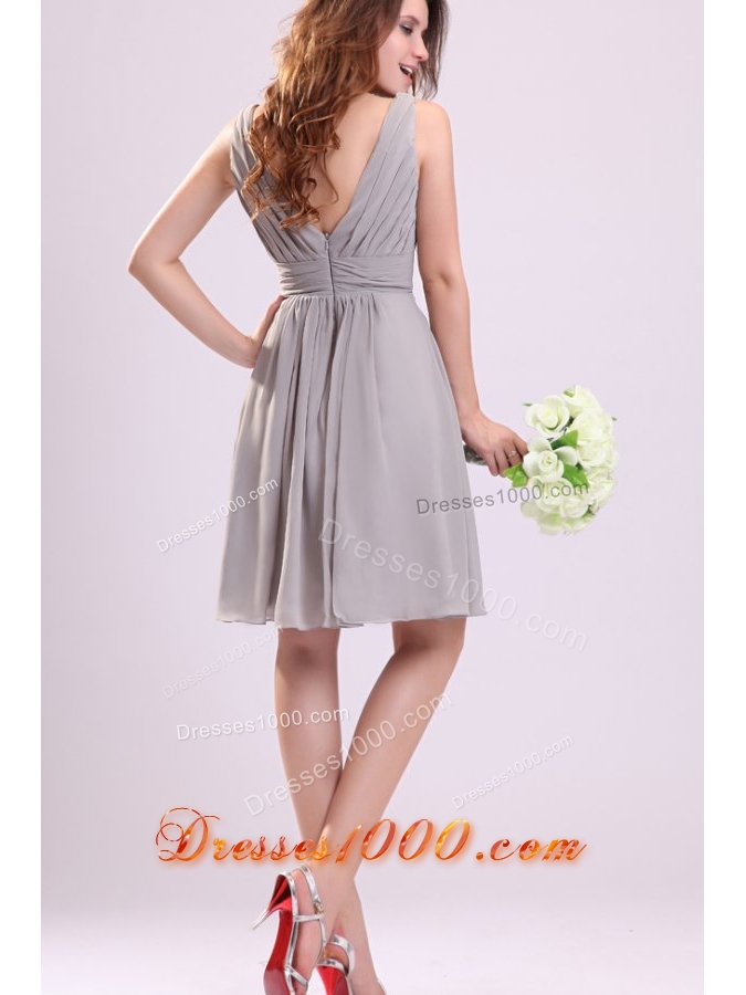 Chiffon Knee-length Empire Gray V-neck Ruching Prom Pageant Dress
