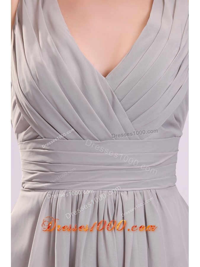 Chiffon Knee-length Empire Gray V-neck Ruching Prom Pageant Dress