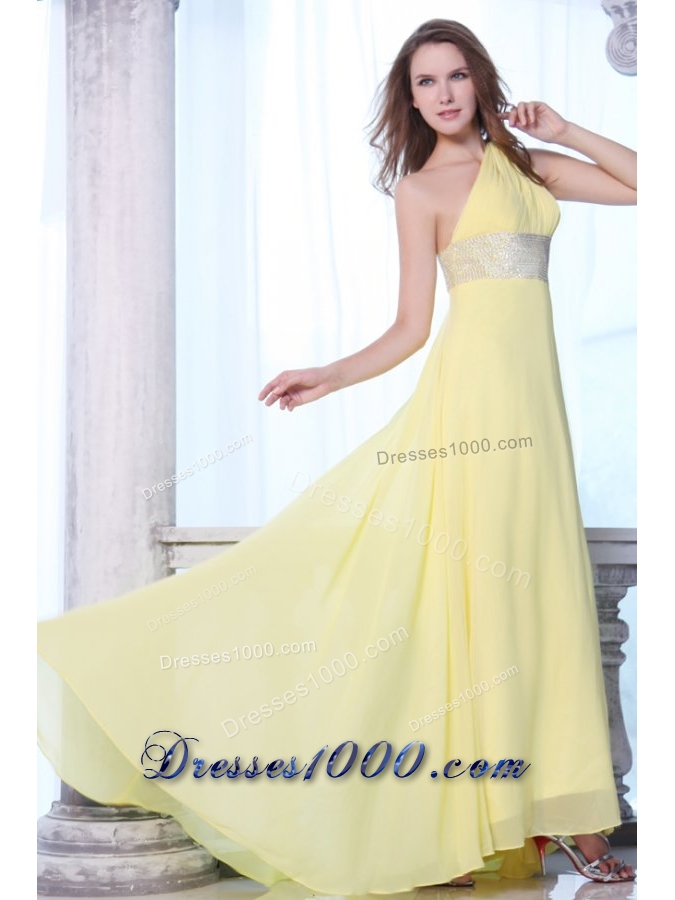Yellow One Shoulder Prom Dress with Sequins Sash and Train