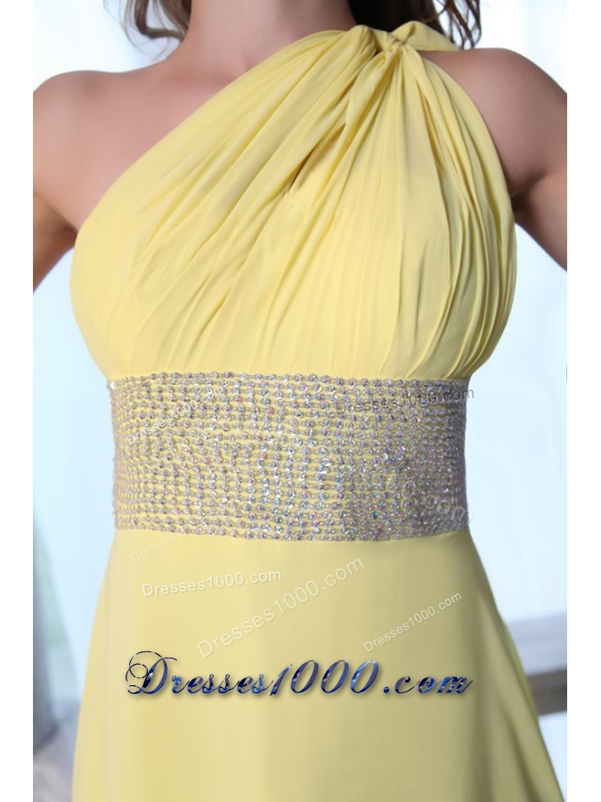Yellow One Shoulder Prom Dress with Sequins Sash and Train