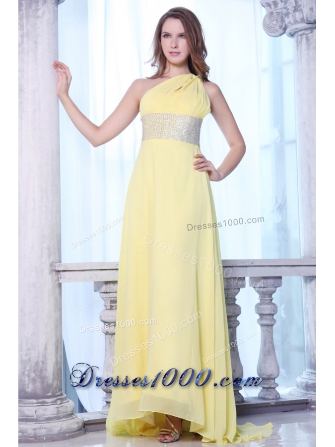 Yellow One Shoulder Prom Dress with Sequins Sash and Train