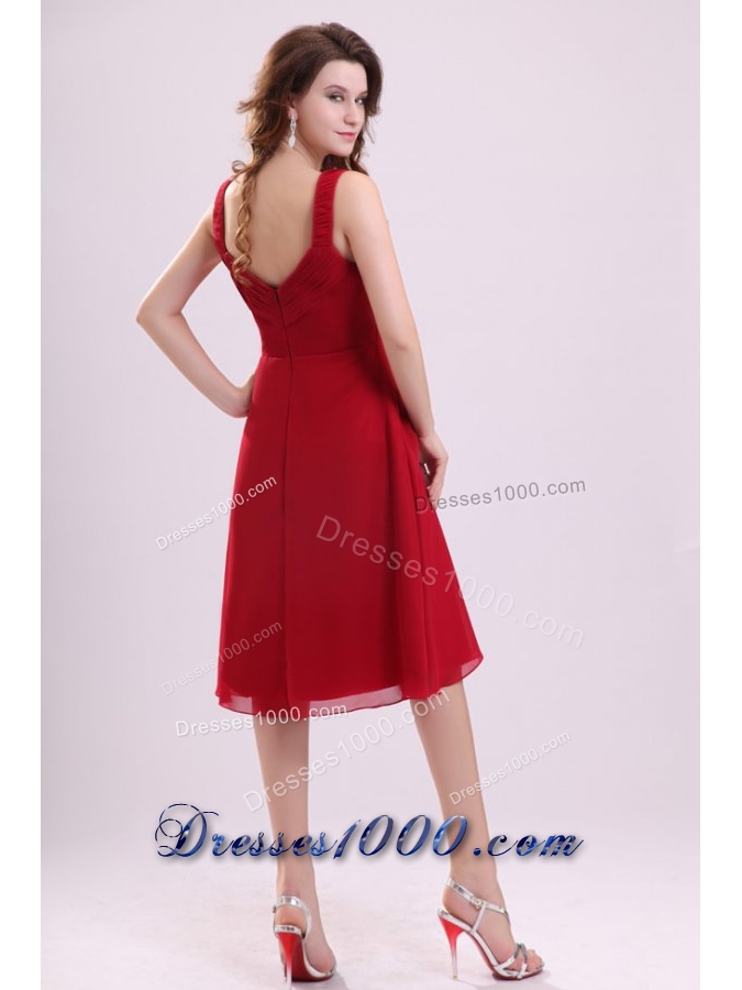 Empire Straps Ruching Chiffon Knee-length Prom Dress in Wine Red