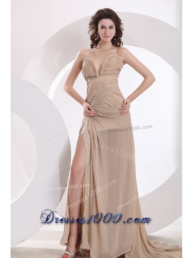 Chiffon Empire Sweetheart Champagne Ruche Brush Train Prom Dress