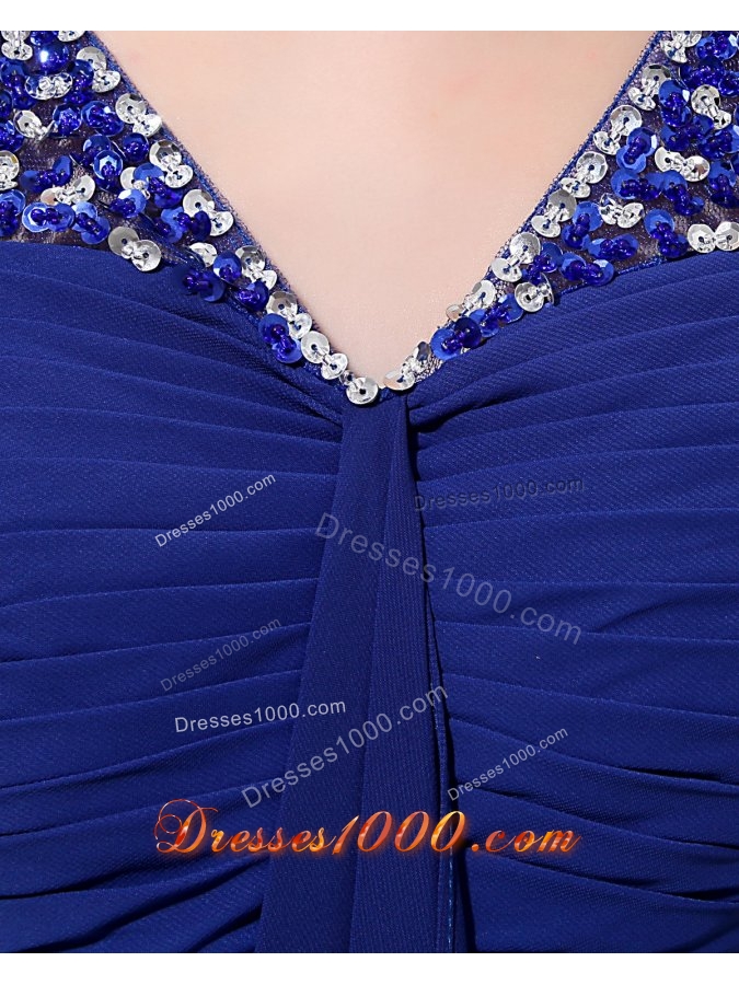 Royal Blue Empire V Neck Chiffon Prom Dress with Beading