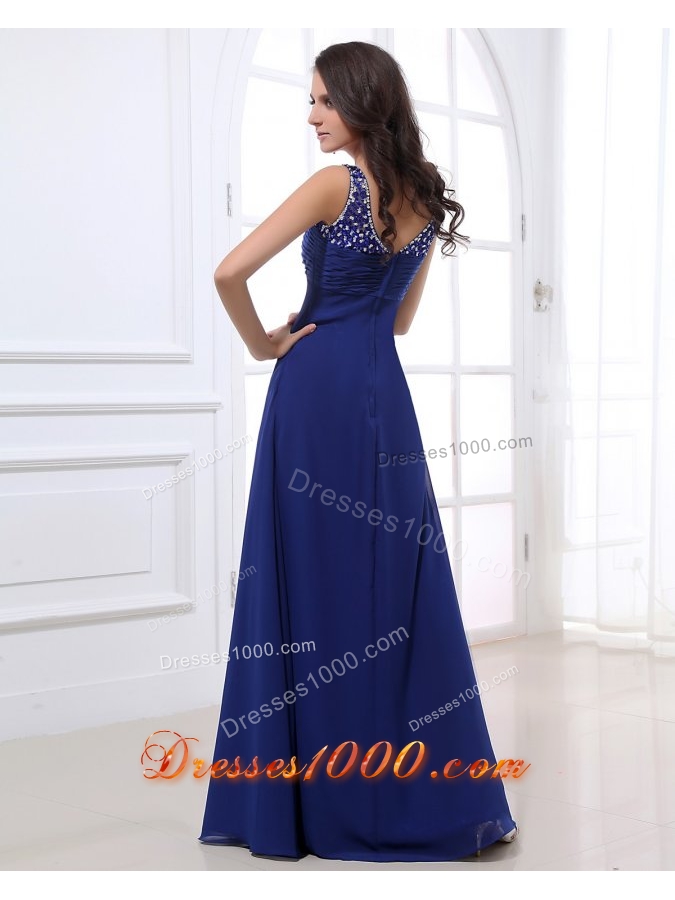 Royal Blue Empire V Neck Chiffon Prom Dress with Beading