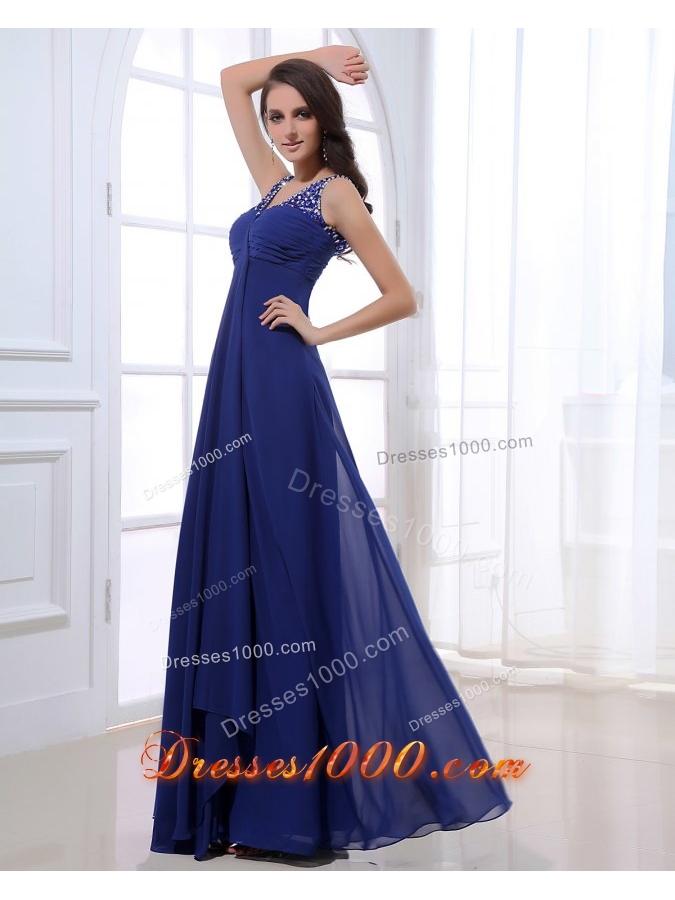 Royal Blue Empire V Neck Chiffon Prom Dress with Beading