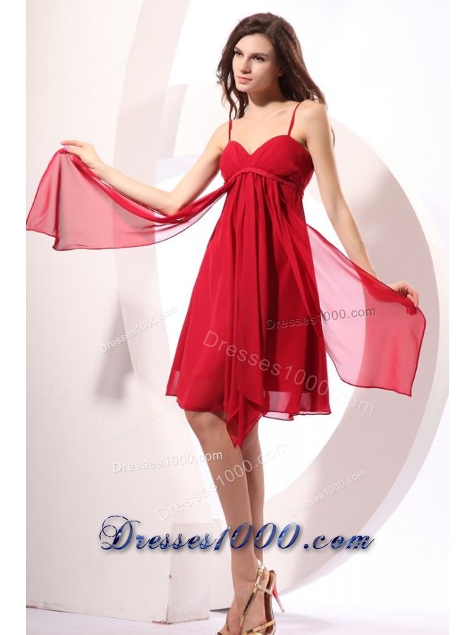 Empire Wine Red Ruching Chiffon Prom Dress with Spaghetti Straps