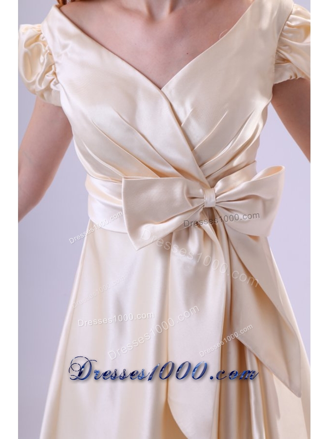 Light Yellow V-neck Cap Sleeves Bow Ruching Prom Homecoming Dress
