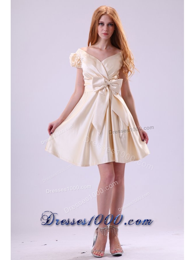 Light Yellow V-neck Cap Sleeves Bow Ruching Prom Homecoming Dress
