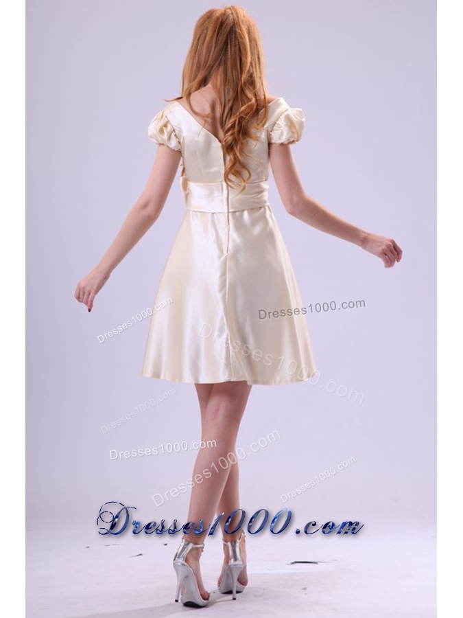 Light Yellow V-neck Cap Sleeves Bow Ruching Prom Homecoming Dress