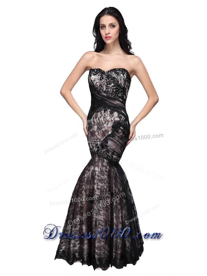 2014 Spring Mermaid Black Sweetheart Lace Floor-length Prom Dress