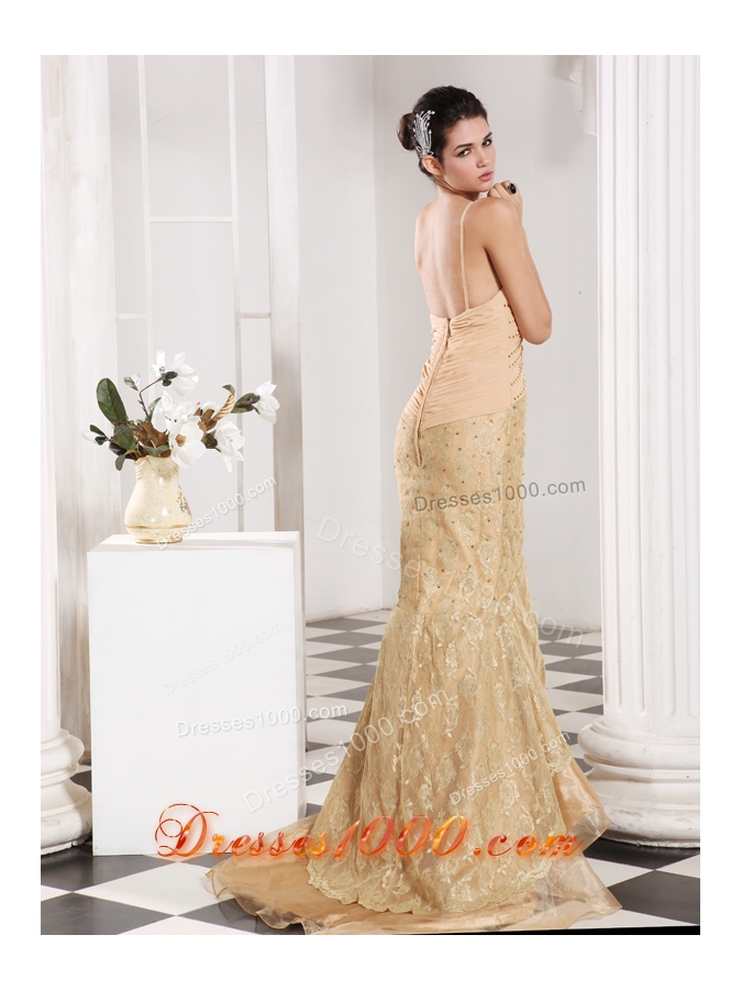 Champagne Mermaid Style Lace and Beading Decorate Prom Dress
