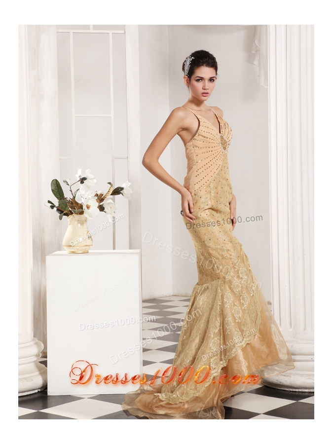 Champagne Mermaid Style Lace and Beading Decorate Prom Dress