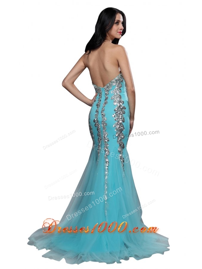 Mermaid Sweetheart Appliques Light Blue Brush Prom Formal Dress