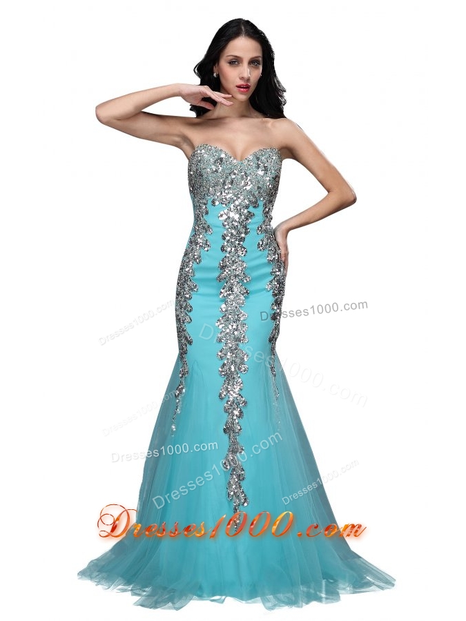 Mermaid Sweetheart Appliques Light Blue Brush Prom Formal Dress