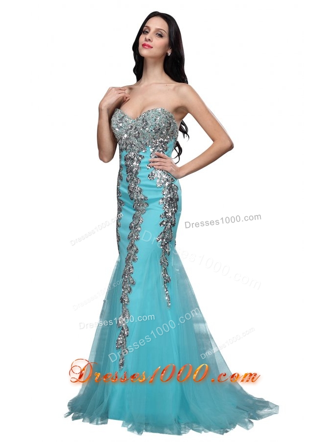 Mermaid Sweetheart Appliques Light Blue Brush Prom Formal Dress