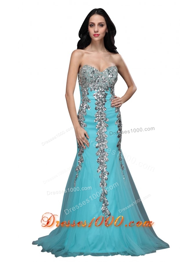 Mermaid Sweetheart Appliques Light Blue Brush Prom Formal Dress