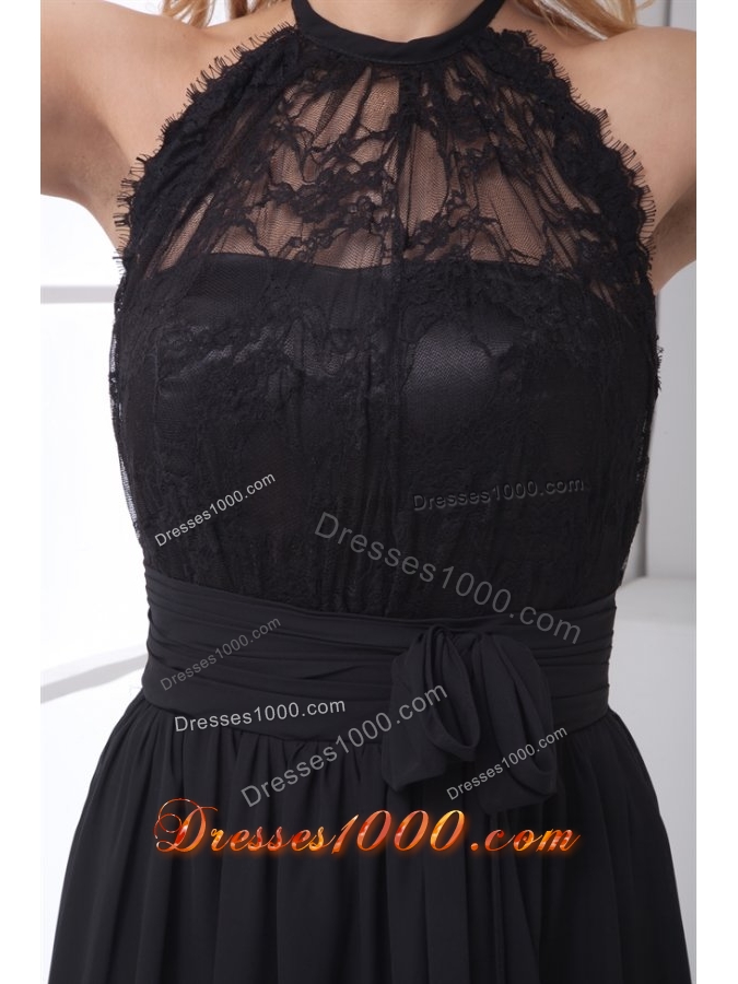 Simple Empire Halter Black Lace Chiffon Floor-length Prom Dress