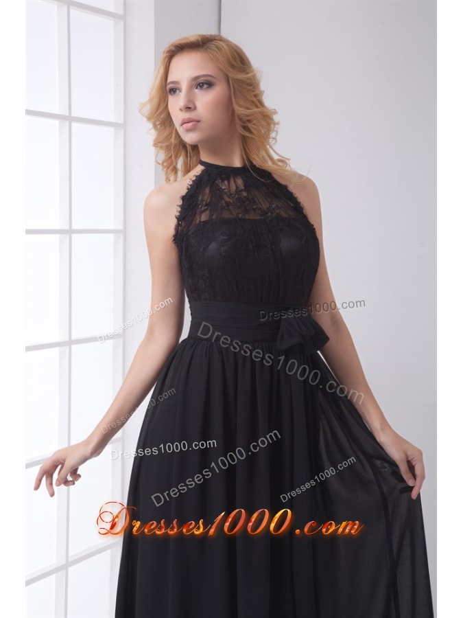 Simple Empire Halter Black Lace Chiffon Floor-length Prom Dress
