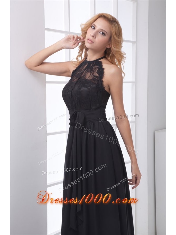 Simple Empire Halter Black Lace Chiffon Floor-length Prom Dress