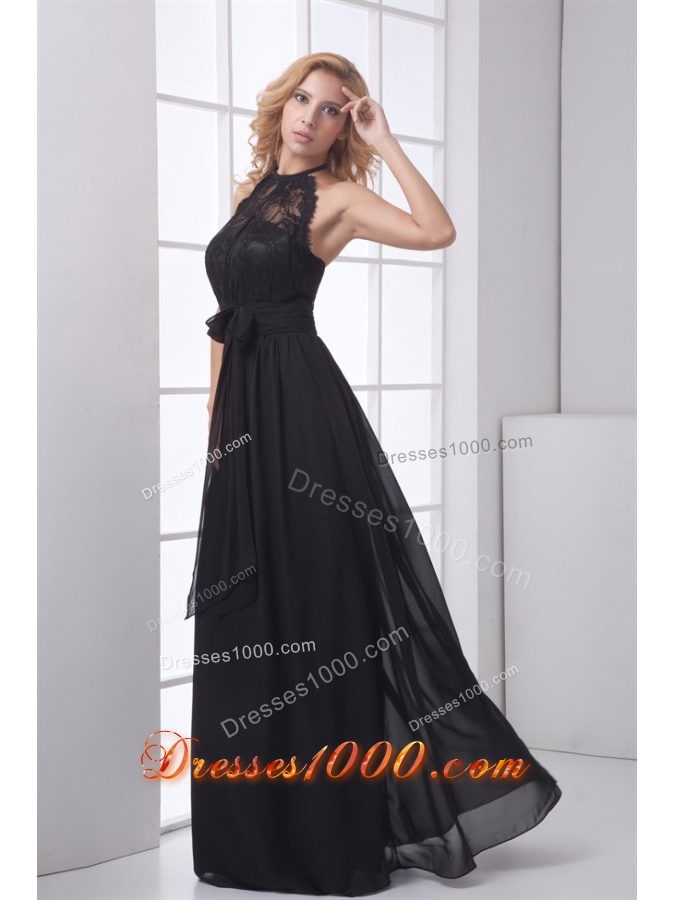 Simple Empire Halter Black Lace Chiffon Floor-length Prom Dress
