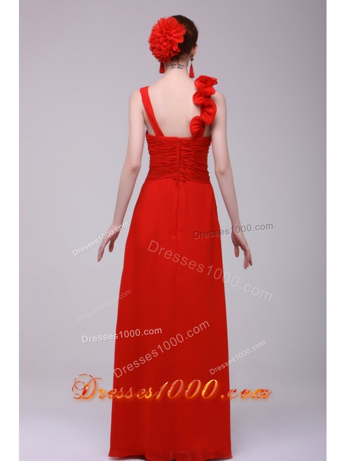 Floral Red Chiffon Prom Dress with Ruches and Straps