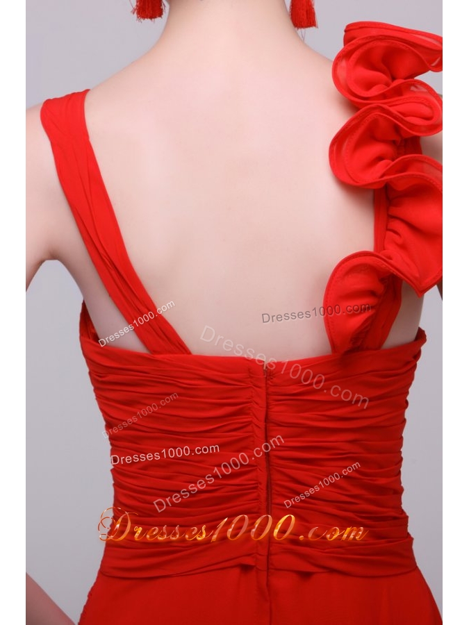 Floral Red Chiffon Prom Dress with Ruches and Straps