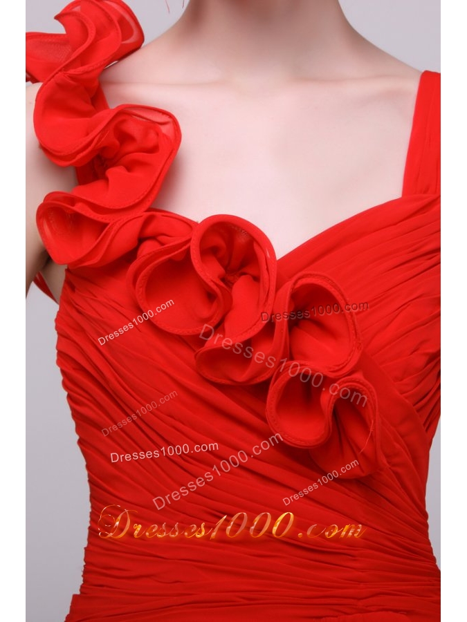 Floral Red Chiffon Prom Dress with Ruches and Straps
