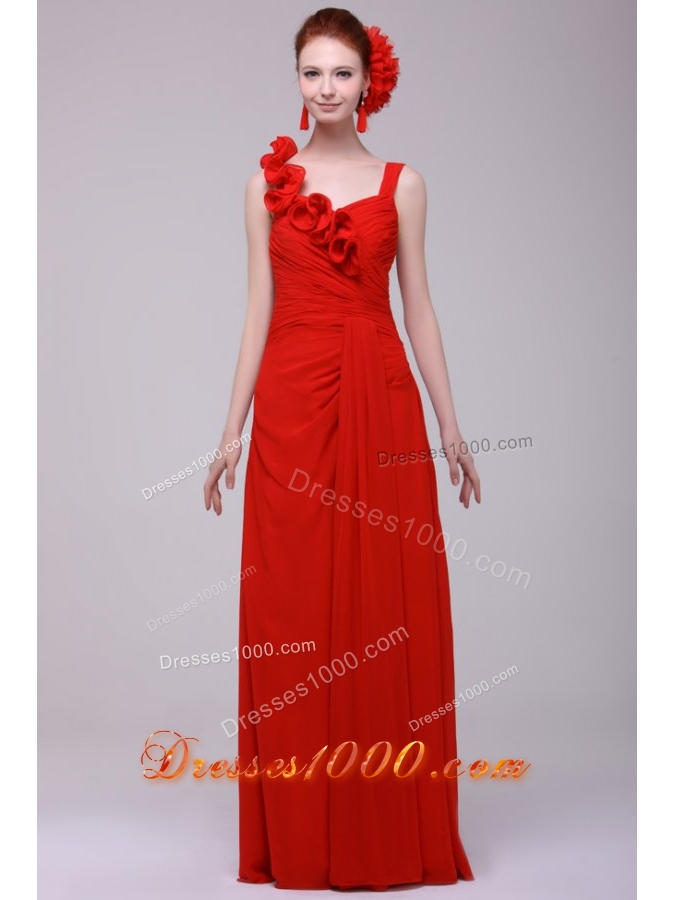 Floral Red Chiffon Prom Dress with Ruches and Straps