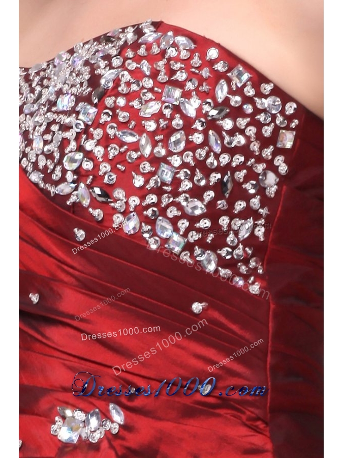 Burgundy Strapless Taffeta Prom Dress with Beading and Pick Ups