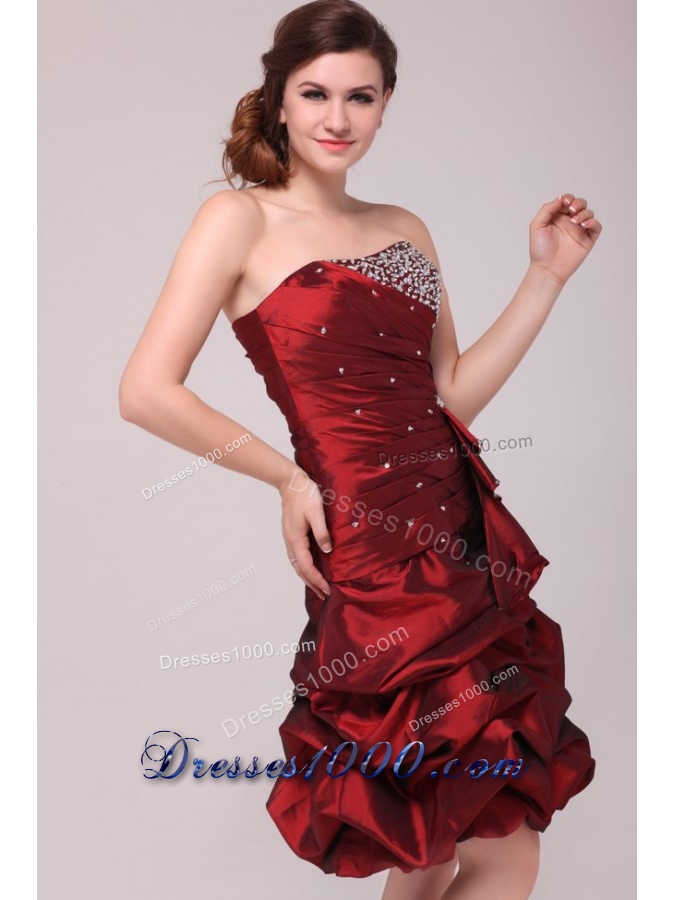 Burgundy Strapless Taffeta Prom Dress with Beading and Pick Ups