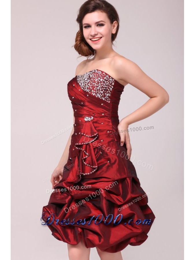Burgundy Strapless Taffeta Prom Dress with Beading and Pick Ups