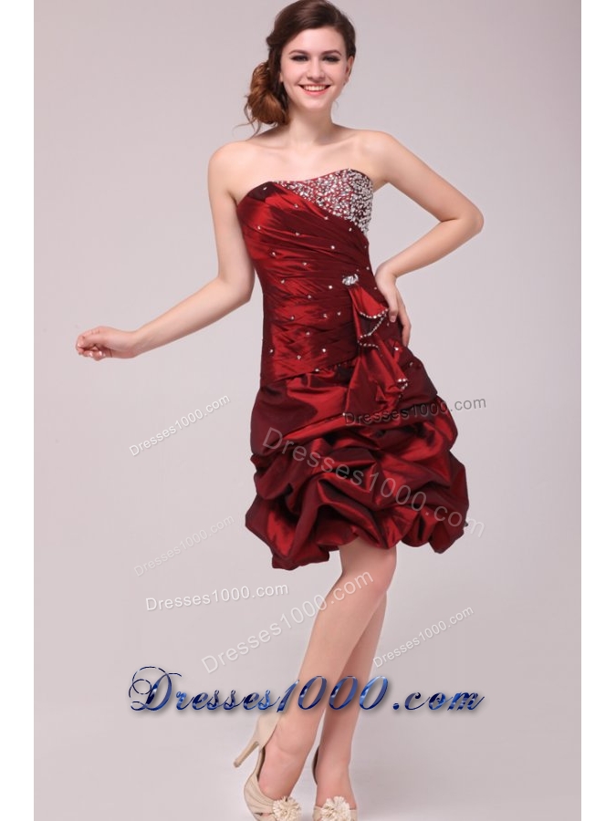 Burgundy Strapless Taffeta Prom Dress with Beading and Pick Ups