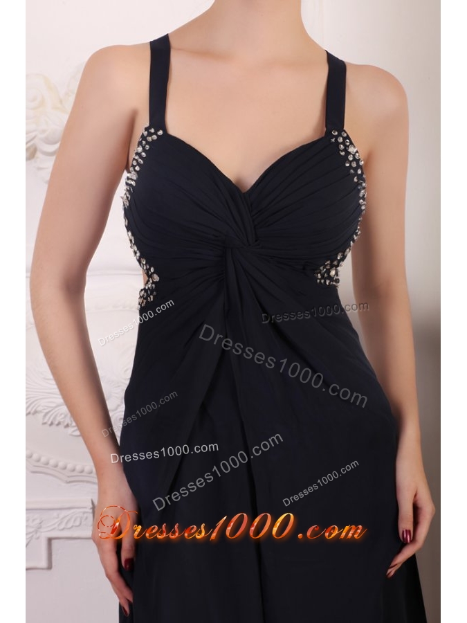 Straps Empire Chiffon Beading Sweep Train Prom Formal Dress in Black