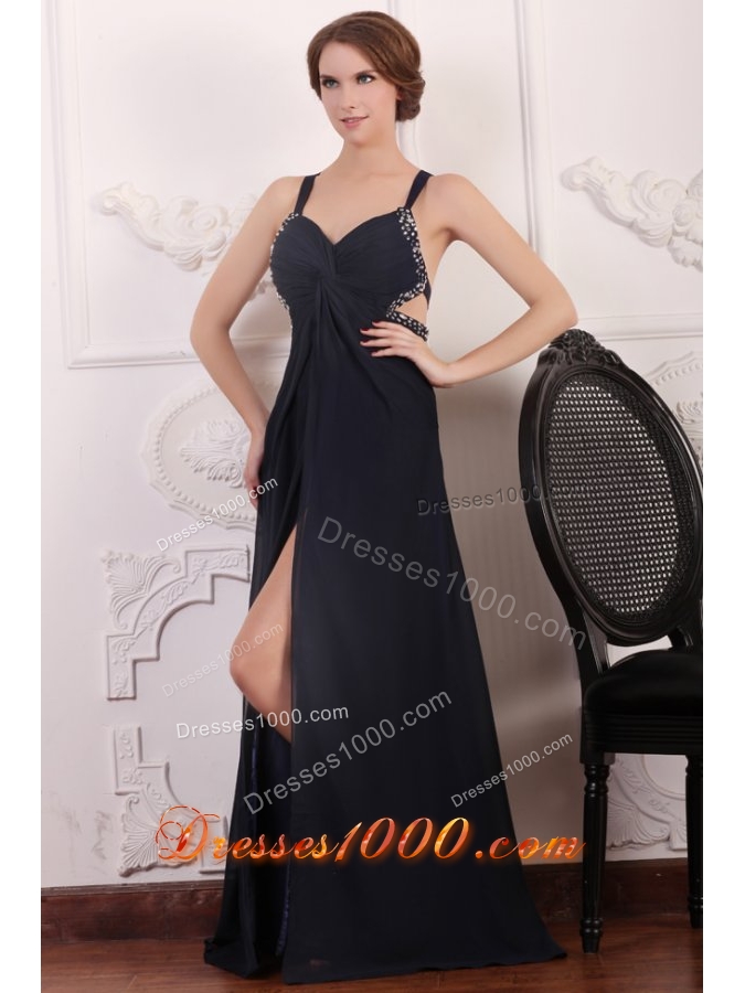 Straps Empire Chiffon Beading Sweep Train Prom Formal Dress in Black