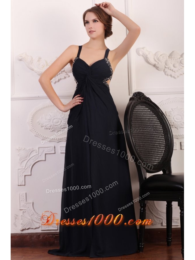 Straps Empire Chiffon Beading Sweep Train Prom Formal Dress in Black
