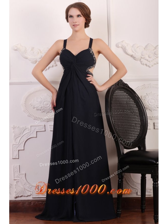 Straps Empire Chiffon Beading Sweep Train Prom Formal Dress in Black