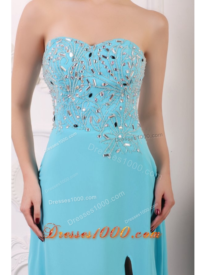 Sweetheart Aqua Blue Sequins Prom Dress with Chapel Train and Slit